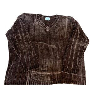 Vintage Moda Intl Brown Chenille V-Neck Sweater M Long Sleeve Striped Pullover S